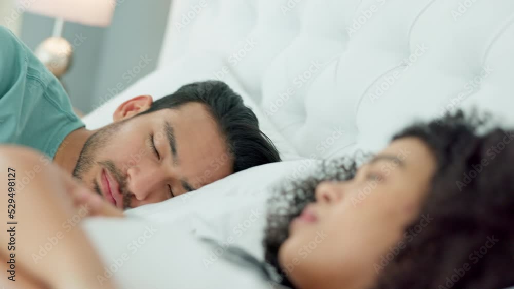 Sad woman frustrated, man sleeping and couple in bedroom after argument. Girl thinking of breakup, boyfriend cheating and sex issues. Dating problems, morning together and young girlfriend angry