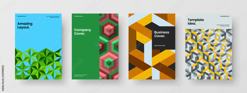 Isolated annual report A4 design vector layout set. Colorful geometric hexagons company identity concept collection.