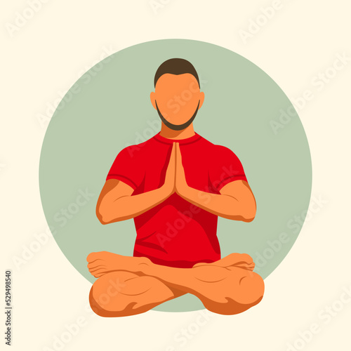 Illustration of a young man in a faceless style, sitting in a lotus position with namaste hands