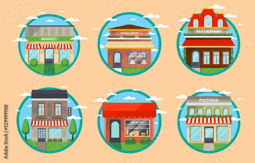 Restaurant and shop facade label set vector illustration. Cafe, restaurant, sweet shop, bakery, market, beer bar, pizzeria. Commercial public building in front with signboard and showcase on street