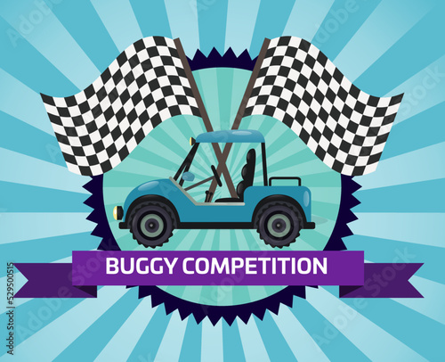 Buggy rally competition banner with checkered flag vector illustration. Outdoor auto ride, extreme terrain vehicle sport, dune buggy race, spectacular 4x4 motor show, off road trophy championship.