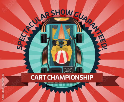 Cart championship or auto pilots competition vector illustration. Outdoor auto speed racing, extreme karting sport, automobile motor show, road trophy race. Driver racing on go kart in helmet.