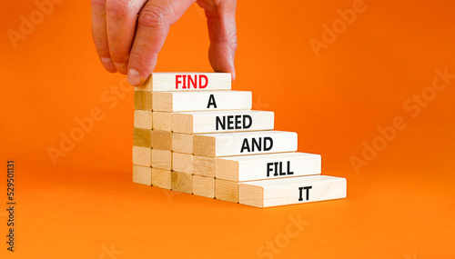 Find a need and fill it symbol. Concept words Find a need and fill it on wooden blocks on a beautiful orange background. Businessman hand. Business and find a need and fill it concept. Copy space. photo