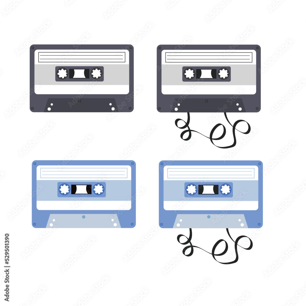 Set of audio or video cassette tape.Music record.Old music techonolgy.80s disco.Motivation mix.Vintage object.Sign, symbol, icon or logo isolated.Flat design.Clipart.Cartoon vector illustration.
