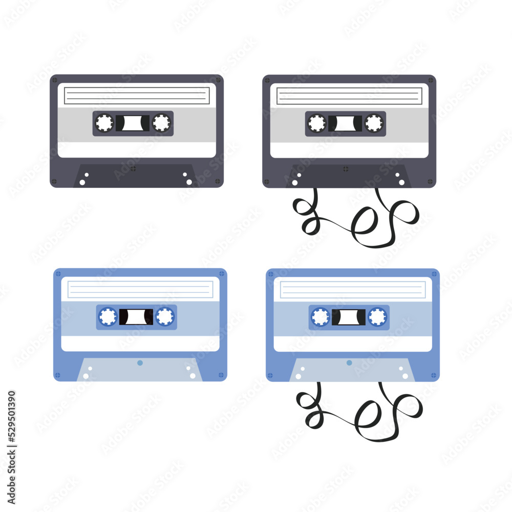 Set of audio or video cassette tape.Music record.Old music techonolgy.80s disco.Motivation mix.Vintage object.Sign, symbol, icon or logo isolated.Flat design.Clipart.Cartoon vector illustration. Set of audio or video cassette tape.Music record.Old music techonolgy.80s disco.Motivation mix.Vintage object.Sign, symbol, icon or logo isolated.Flat design.Clipart.Cartoon vector illustration.