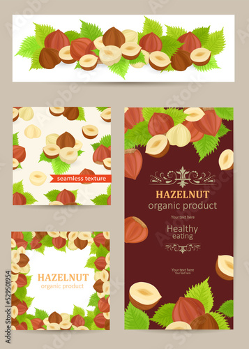 collection of banners with hazelnuts. horizontal nutty border wi