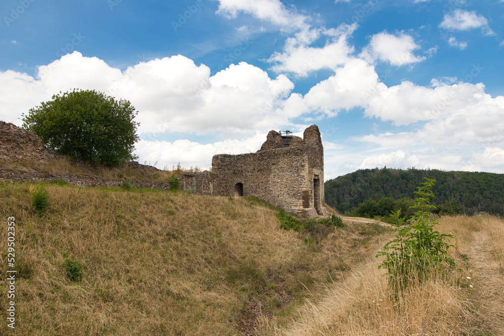 Ruins of Lichnice castle in summer cloudy day. Czech Republic.