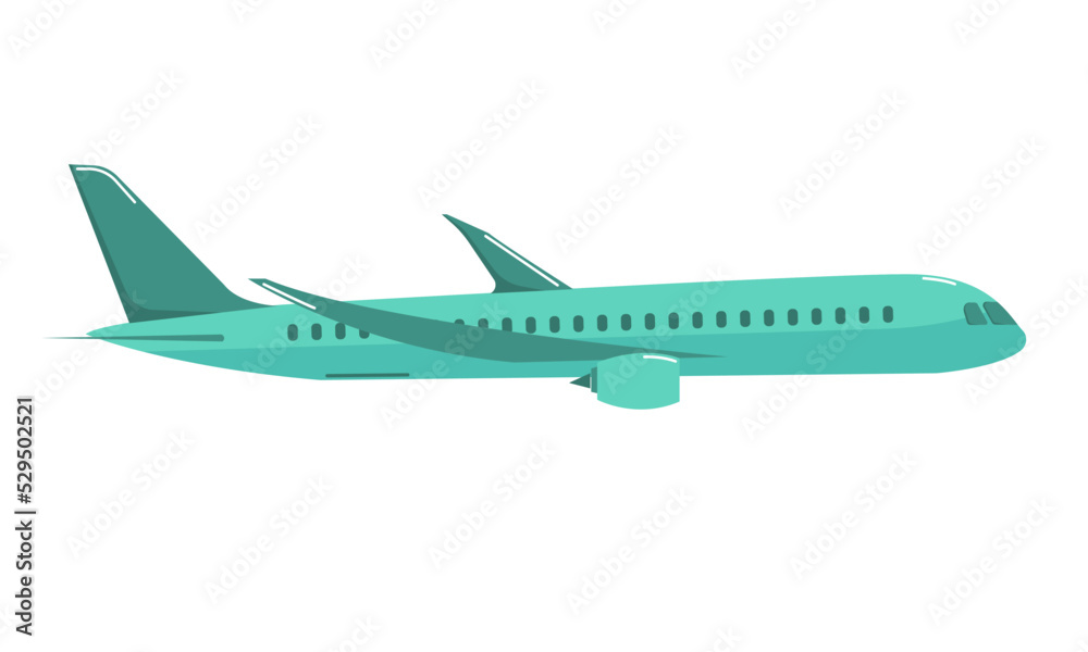 The passenger plane is flying. The background is white. The illustration is made in a flat style.