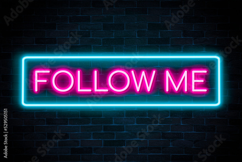 Follow Me neon banner on brick wall background.