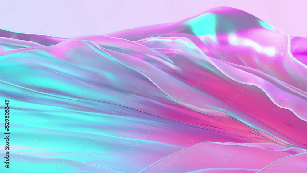 Animated background in pastel colors, gradient shiny fabric in gentle shades, flowing into the lower right corner of the screen. Futuristic abstract 3D rendering of glowing pink blue satin 4K