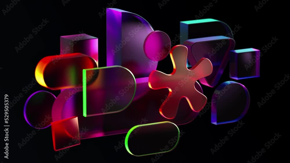 Abstract 3D animation of frosted glass plastic geometric shapes ...