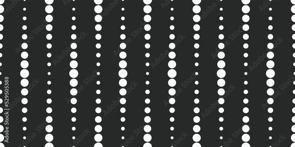 White circles in a row vertically. Dotted line design made up of dots on a black background.