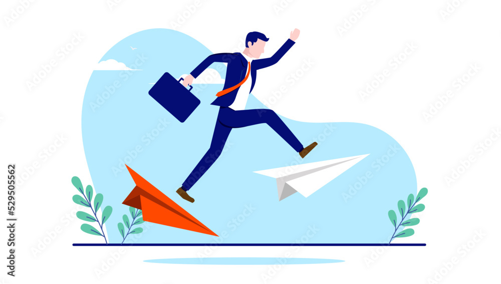 Business jump - Businessman in leap of faith jumping from red paper plane to white paper airplane. Flat design vector illustration with white background