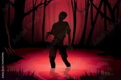 Zombie standing in the water of the red horror swamp. Horror forest with swamp, silhouette background.