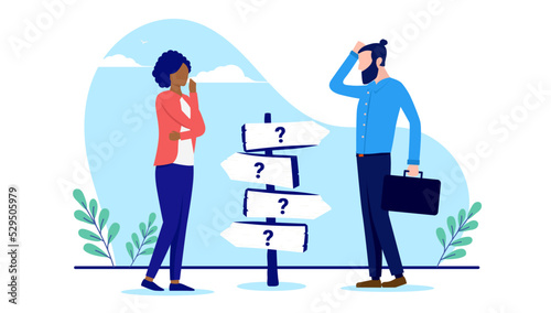 Business difficult choices - Man and woman trying to make a choice for the road ahead. Uncertainty and doubt concept. Flat design vector illustration with white background