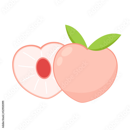 Peach cartoon vector. Doodle peach with leaves icon. Peach fruit in shape of heart isolated on white background. Farm, natural food, fresh fruits.