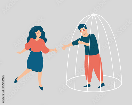 Woman help her friend inside a cage to get rid of depression, stress, and drug addiction. Counselor or mentor extend a helping hand to get over psychological problems. Mental health or rehabilitation.