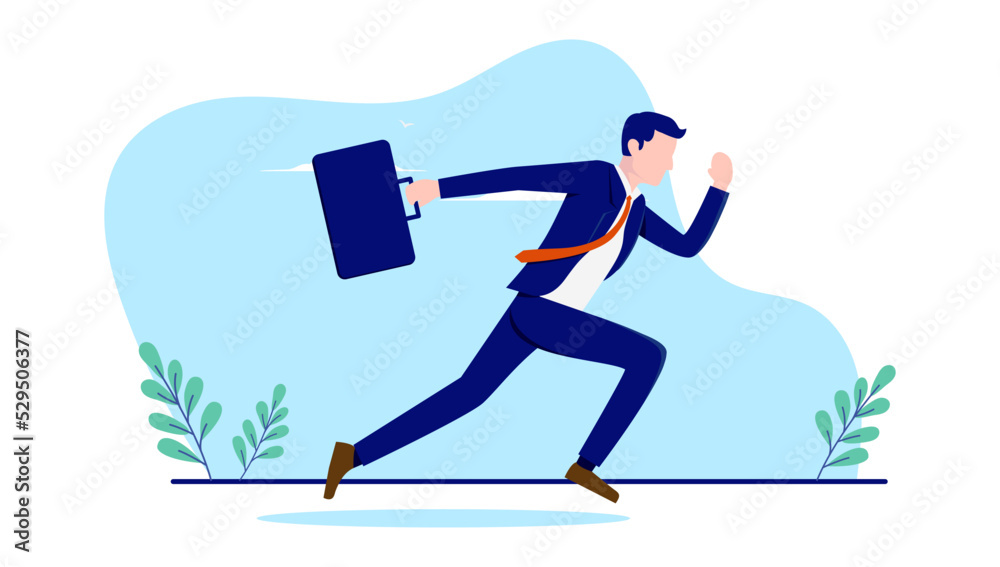 Running businessman - Man in corporate suit going fast forward in urgency. Flat design vector illustration with white background Running businessman - Man in corporate suit going fast forward in urgency. Flat design vector illustration with white background