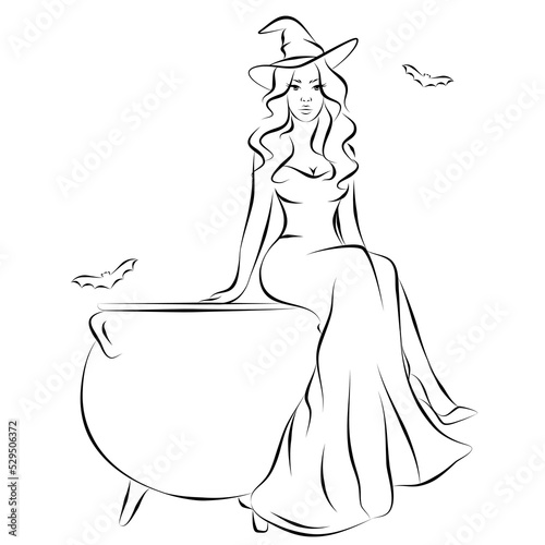 a beautiful witch girl in a long dress and a witch hat is sitting on a cauldron sketch drawing 