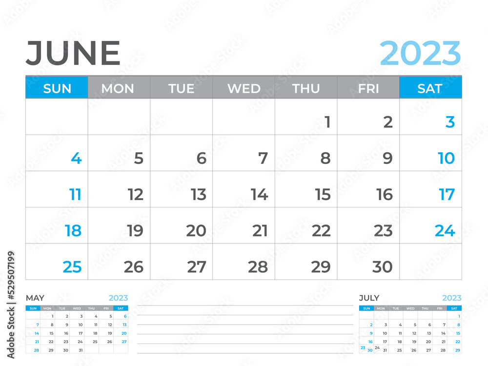 June 2023 page, Calendar 2023 template, Desk calendar 2023 year, planner design, Wall calendar, week starts on sunday, stationery design, Desk office, organizer office, vector eps10
