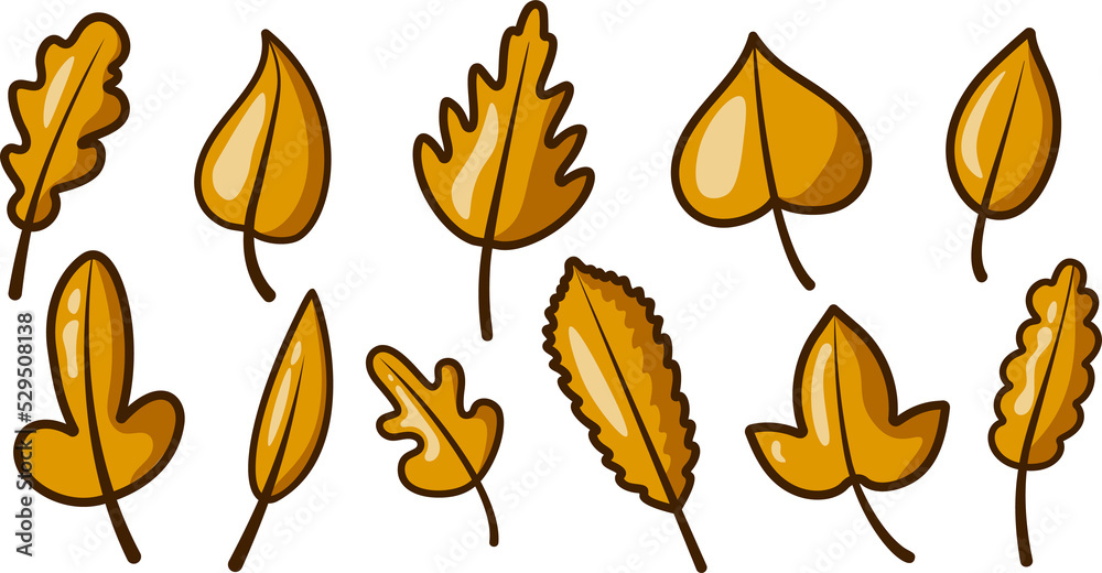 Fototapeta premium Cute set of autumn leaves. Flat cartoon style. Nature object icon. Hello autumn. For the design of banners and postcards for the autumn holidays. Isolated. Autumn elements