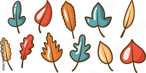 Cute set of autumn leaves. Flat cartoon style. Nature object icon. Hello autumn. For the design of banners and postcards for the autumn holidays. Isolated. Autumn elements