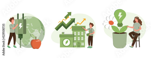 Green economy illustration set. Sustainable economic with renewable energy and natural resources. Green nature energy and electric power industry concept. Vector illustration.