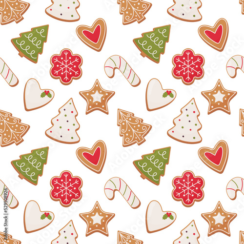 Seamless Christmas pattern with a variety of gingerbread Christmas cookies on a white background.