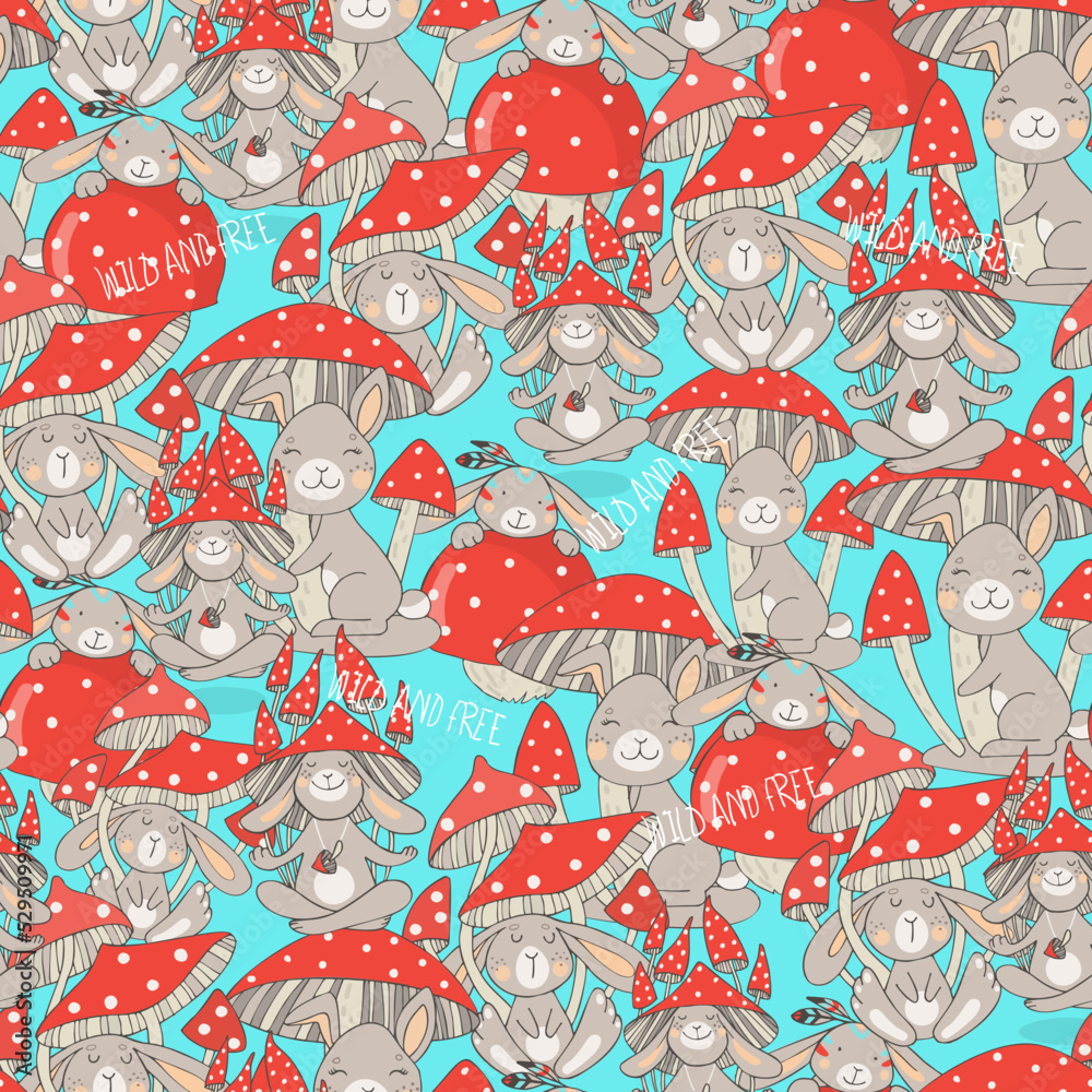 Naklejka premium Vector seamless pattern with bunny and mushrooms. Funny ilyustration.