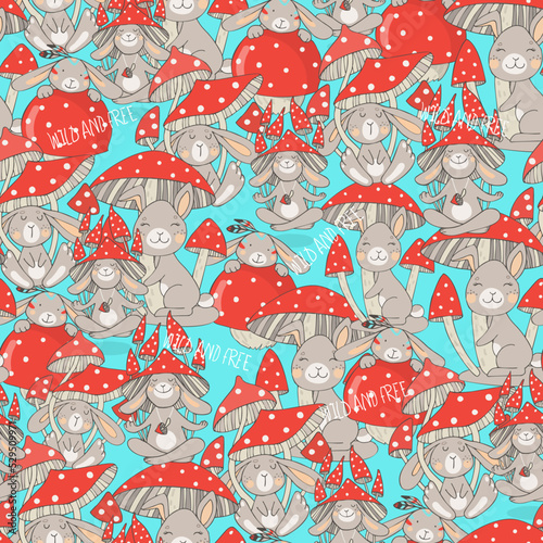 Vector seamless pattern with bunny and mushrooms. Funny ilyustration.