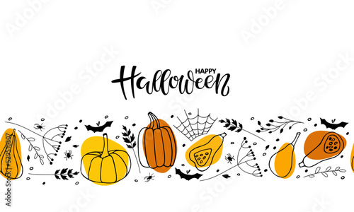 Happy Halloween background. Seamless border with orange Pumpkin, black dry plants, bat, spider, cobweb. Halloween Repeated vector illustration for wallpaper, wrapping, textile, scrapbooking