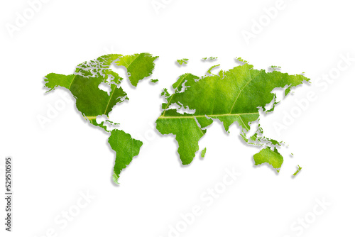 eco world map made of green leaves on white background, ecology and green environment concept.