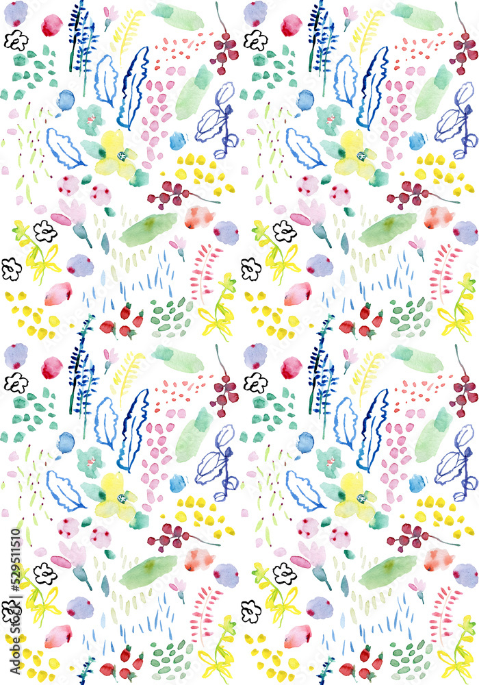 Watercolor seamless pattern, floral fashion style, bright design repeating background. Hand painted modern shapes.