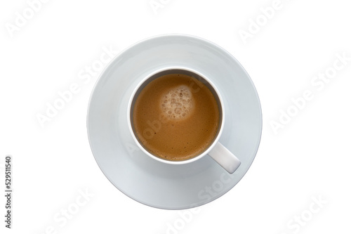 Top-down view of a cup of coffee isolated