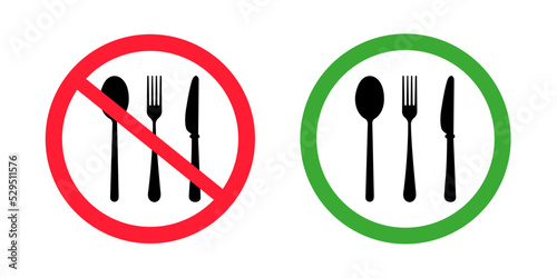 It is forbidden to eat. Eating is allowed. Vector image. Indication. Warning. Food.