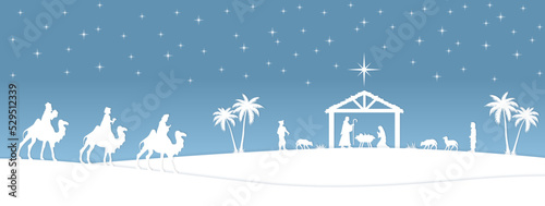 Blue Christmas Nativity scene banner background. Vector illustration.