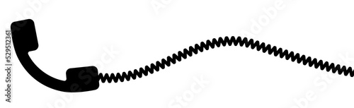 Telephone receiver with a cord. Phone handset with extension cord. Black silhouette isolated on a white background. Vector clipart.