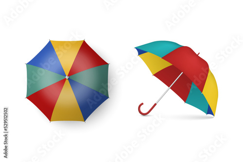 Vector 3d Realistic Multicolored Blank Umbrella Set Isolated on White Background. Design Template of Opened Parasol, Top and Front View