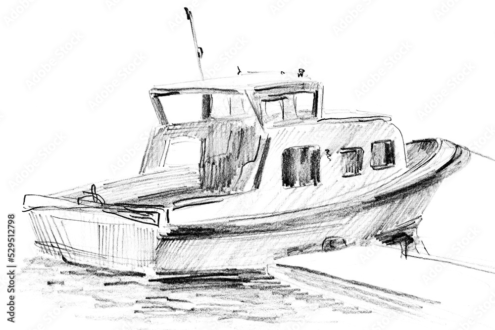 Black pencil drawing on a white paper Speedboat at the gangway. Sketch  Stock Illustration