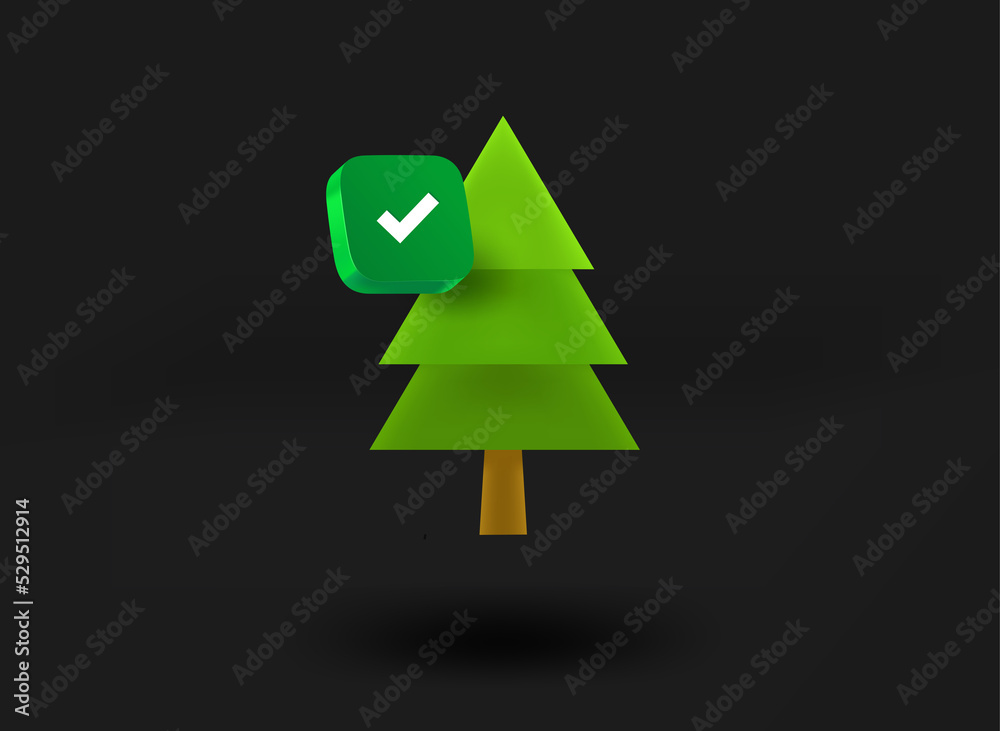Green pine with checkmark icon. 3d vector illustration Green pine with checkmark icon. 3d vector illustration