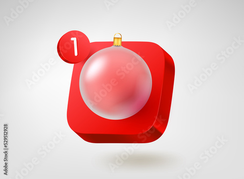 Glass Christmas bauble on red button. 3d vector mobile application icon