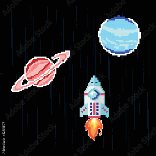 pixel art planets space ship vector