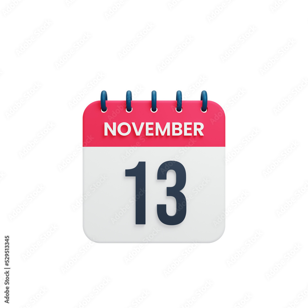 November Realistic Calendar Icon 3D Rendered Date November 13
