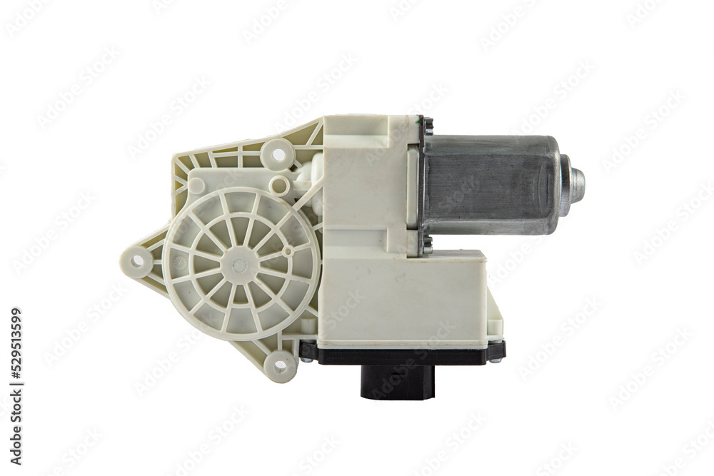 Motor, door window. Electric window mechanism motor for a car on a white isolated background. Automotive spare parts catalog.