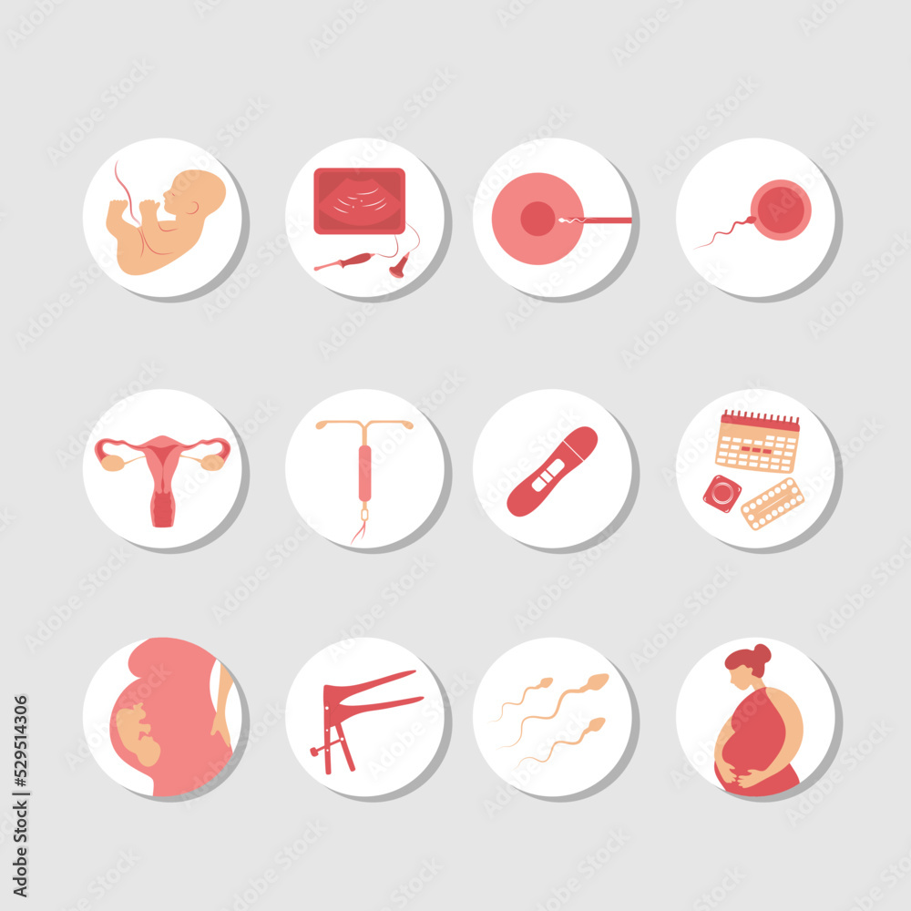 Motherhood set. Woman fertility icon set. Obstetrics signs collection. Pregnancy insemination contraception concept.