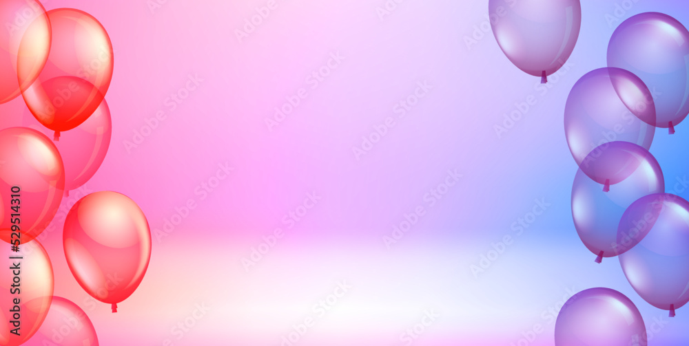Red and violet flying balloons. 3d vector banner with copy space

