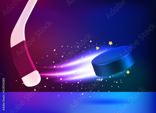 Neon glowing flying hockey puck with the stick. 3d vector illustration