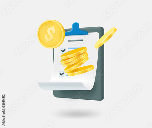 Paperclip with checklist and golden coins. Receiving payment concept. 3d vector isolated illustration
