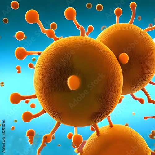 Virus, bacteria, fungi medical 3D background. Omicron, rhinovirus, HPV infection, HIV, adenovirus, influenza illness virus cells, antibody, bacteriophage photo