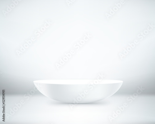Bright room with white semisphere podium. Realistic 3d showcase